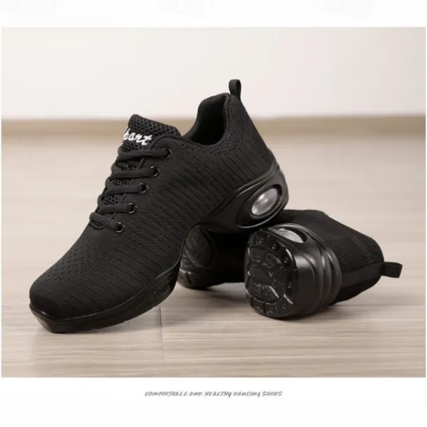 Women's Black Knit Dance Shoes – Lightweight, Air-Cushioned Sole, Breathable Design, Perfect for Latin, Jazz, and Fitness Dance
