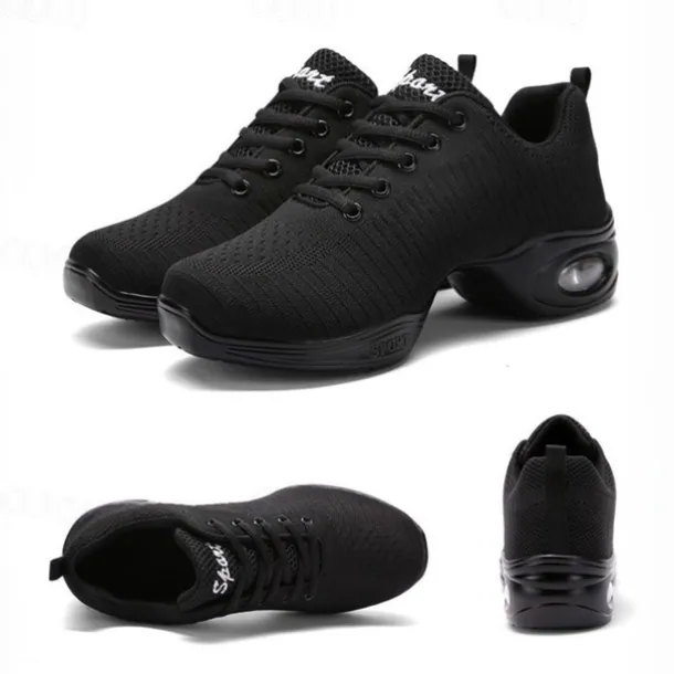 Women's Black Knit Dance Shoes – Lightweight, Air-Cushioned Sole, Breathable Design, Perfect for Latin, Jazz, and Fitness Dance