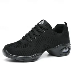 Women's Black Knit Dance Sneakers – Breathable Mesh Lace-Up Jazz Shoes with Air Cushion Sole for Fitness, Hip-Hop & Latin Dance