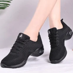 Women's Black Knit Dance Sneakers – Breathable Mesh Lace-Up Jazz Shoes with Air Cushion Sole for Fitness, Hip-Hop & Latin Dance