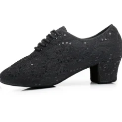Women's Black Lace Dance Shoes with Mid Heel - Elegant Sequin Latin and Ballroom Shoes for Performance