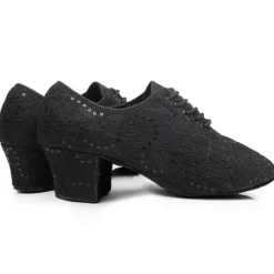 Women's Black Lace Dance Shoes with Mid Heel - Elegant Sequin Latin and Ballroom Shoes for Performance