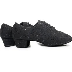 Women's Black Lace Dance Shoes with Mid Heel - Elegant Sequin Latin and Ballroom Shoes for Performance