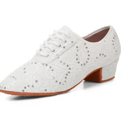 Women's Black Lace Dance Shoes with Mid Heel - Elegant Sequin Latin and Ballroom Shoes for Performance