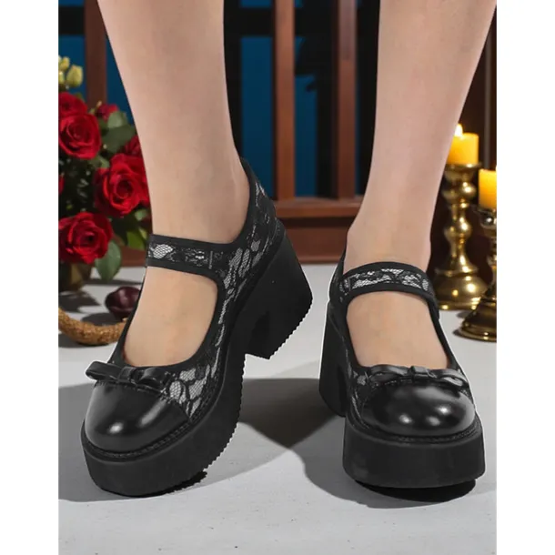 Women's Black Lace Platform Mary Jane Shoes - Gothic Chunky Heel Round Toe Dress Shoes with Bow Detail, Perfect for Halloween, Cosplay, and Evening Parties