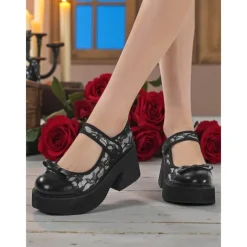 Women's Black Lace Platform Mary Jane Shoes - Gothic Chunky Heel Round Toe Dress Shoes with Bow Detail, Perfect for Halloween, Cosplay, and Evening Parties