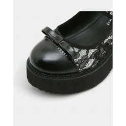 Women's Black Lace Platform Mary Jane Shoes - Gothic Chunky Heel Round Toe Dress Shoes with Bow Detail, Perfect for Halloween, Cosplay, and Evening Parties