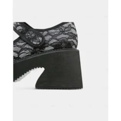 Women's Black Lace Platform Mary Jane Shoes - Gothic Chunky Heel Round Toe Dress Shoes with Bow Detail, Perfect for Halloween, Cosplay, and Evening Parties