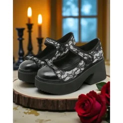 Women's Black Lace Platform Mary Jane Shoes - Gothic Chunky Heel Round Toe Dress Shoes with Bow Detail, Perfect for Halloween, Cosplay, and Evening Parties