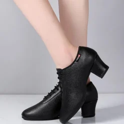 Women's Black Lace-Up Dance Shoes – PU Leather Latin Ballroom Practice Shoes with Low Heel, Comfortable & Durable for Professional Performance & Training