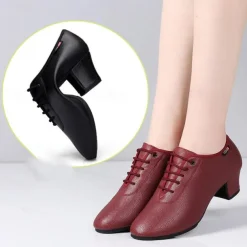 Women's Black Lace-Up Dance Shoes – PU Leather Latin Ballroom Practice Shoes with Low Heel, Comfortable & Durable for Professional Performance & Training
