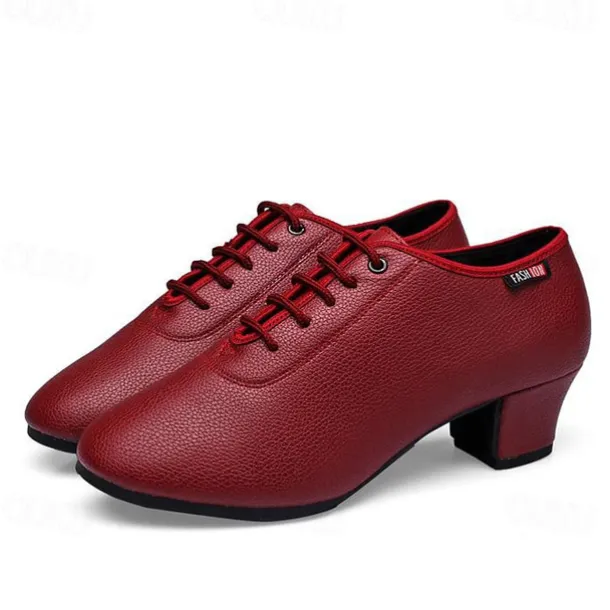 Women's Black Lace-Up Dance Shoes – PU Leather Latin Ballroom Practice Shoes with Low Heel, Comfortable & Durable for Professional Performance & Training