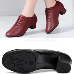 Women's Black Lace-Up Dance Shoes – PU Leather Latin Ballroom Practice Shoes with Low Heel, Comfortable & Durable for Professional Performance & Training