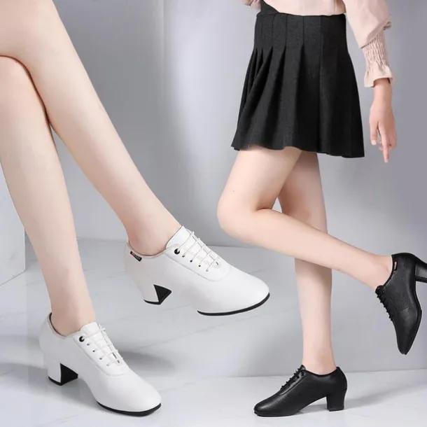Women's Black Lace-Up Dance Shoes – PU Leather Latin Ballroom Practice Shoes with Low Heel, Comfortable & Durable for Professional Performance & Training