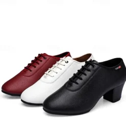 Women's Black Lace-Up Dance Shoes – PU Leather Latin Ballroom Practice Shoes with Low Heel, Comfortable & Durable for Professional Performance & Training