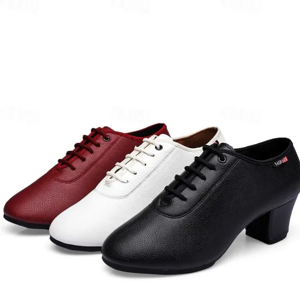 Women's Black Lace-Up Dance Shoes – PU Leather Latin Ballroom Practice Shoes with Low Heel, Comfortable & Durable for Professional Performance & Training