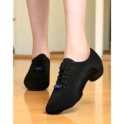 Women's Black Lace-Up Dance Sneakers - Breathable Lightweight Jazz and Fitness Practice Shoes for Latin and Ballroom Training