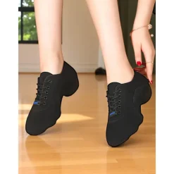 Women's Black Lace-Up Dance Sneakers - Breathable Lightweight Jazz and Fitness Practice Shoes for Latin and Ballroom Training