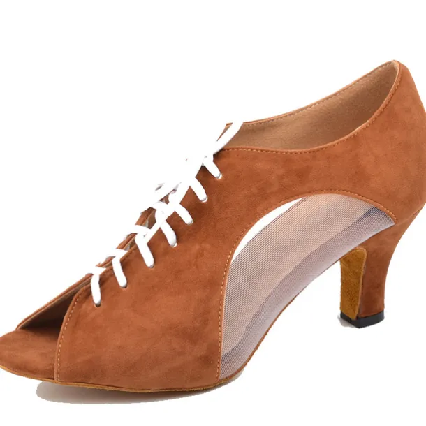 Women's Black Lace-Up Dance Shoes with Mesh Panels and Peep-Toe Design - Comfortable Heeled Ballroom and Salsa Shoes