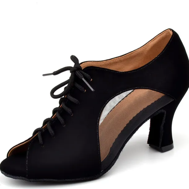 Women's Black Lace-Up Dance Shoes with Mesh Panels and Peep-Toe Design - Comfortable Heeled Ballroom and Salsa Shoes