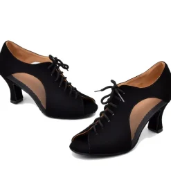 Women's Black Lace-Up Dance Shoes with Mesh Panels and Peep-Toe Design - Comfortable Heeled Ballroom and Salsa Shoes