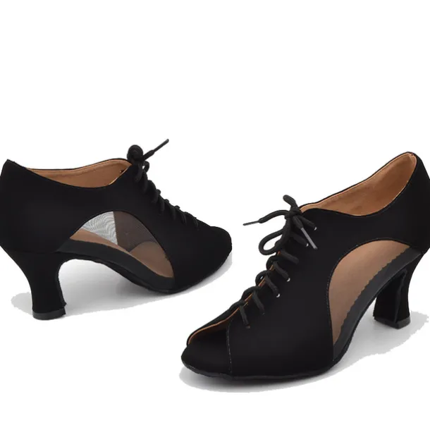 Women's Black Lace-Up Dance Shoes with Mesh Panels and Peep-Toe Design - Comfortable Heeled Ballroom and Salsa Shoes