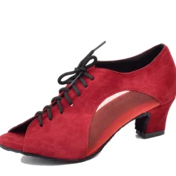 Women's Black Lace-Up Dance Shoes with Mesh Panels and Peep-Toe Design - Comfortable Heeled Ballroom and Salsa Shoes