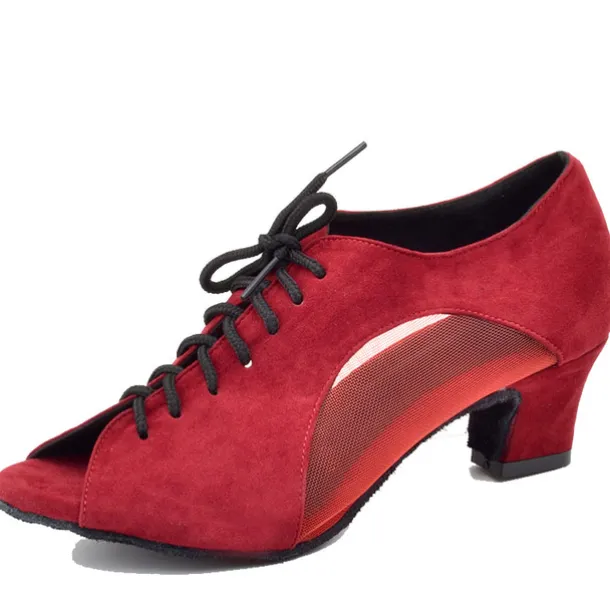 Women's Black Lace-Up Dance Shoes with Mesh Panels and Peep-Toe Design - Comfortable Heeled Ballroom and Salsa Shoes