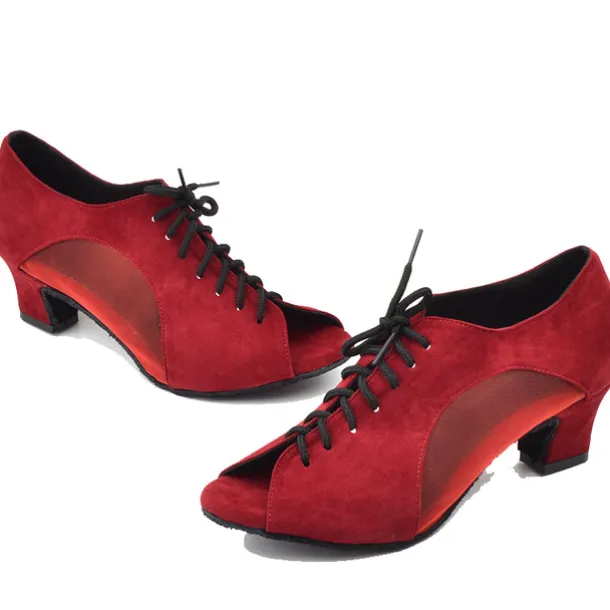 Women's Black Lace-Up Dance Shoes with Mesh Panels and Peep-Toe Design - Comfortable Heeled Ballroom and Salsa Shoes