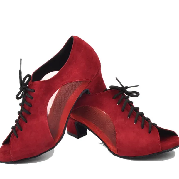 Women's Black Lace-Up Dance Shoes with Mesh Panels and Peep-Toe Design - Comfortable Heeled Ballroom and Salsa Shoes