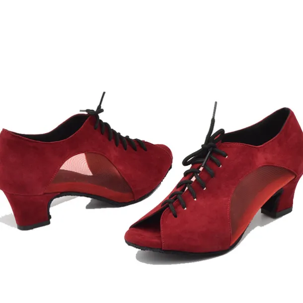 Women's Black Lace-Up Dance Shoes with Mesh Panels and Peep-Toe Design - Comfortable Heeled Ballroom and Salsa Shoes