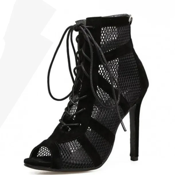 Women's Black Lace-Up Mesh Stiletto Ankle Boots - Elegant Open-Toe Heels for Parties and Evening Wear