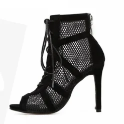 Women's Black Lace-Up Mesh Stiletto Ankle Boots - Elegant Open-Toe Heels for Parties and Evening Wear