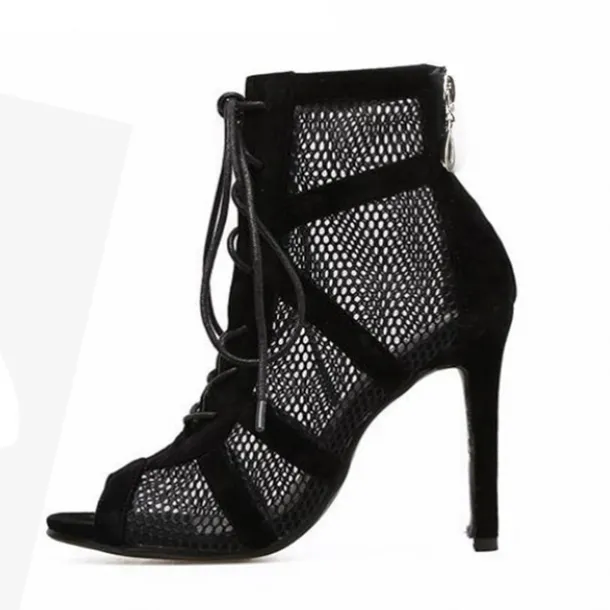 Women's Black Lace-Up Mesh Stiletto Ankle Boots - Elegant Open-Toe Heels for Parties and Evening Wear