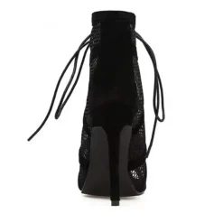 Women's Black Lace-Up Mesh Stiletto Ankle Boots - Elegant Open-Toe Heels for Parties and Evening Wear