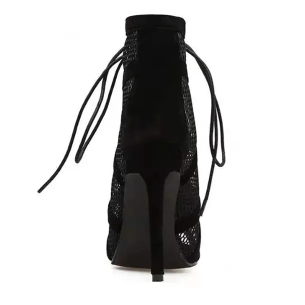 Women's Black Lace-Up Mesh Stiletto Ankle Boots - Elegant Open-Toe Heels for Parties and Evening Wear