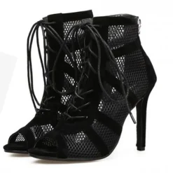 Women's Black Lace-Up Mesh Stiletto Ankle Boots - Elegant Open-Toe Heels for Parties and Evening Wear