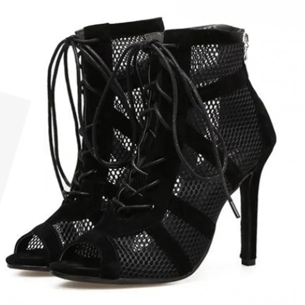 Women's Black Lace-Up Mesh Stiletto Ankle Boots - Elegant Open-Toe Heels for Parties and Evening Wear