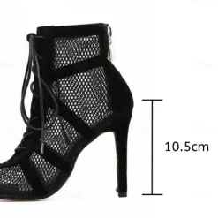 Women's Black Lace-Up Mesh Stiletto Ankle Boots - Elegant Open-Toe Heels for Parties and Evening Wear