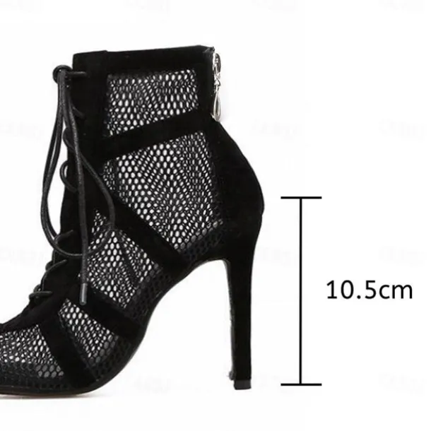 Women's Black Lace-Up Mesh Stiletto Ankle Boots - Elegant Open-Toe Heels for Parties and Evening Wear