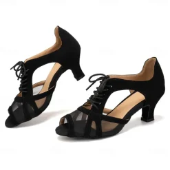 Women's Black Lace-Up Mesh Dance Shoes with Low Heel and Suede Sole – Stylish Open-Toe Design for Ballroom, Latin, and Party Performances
