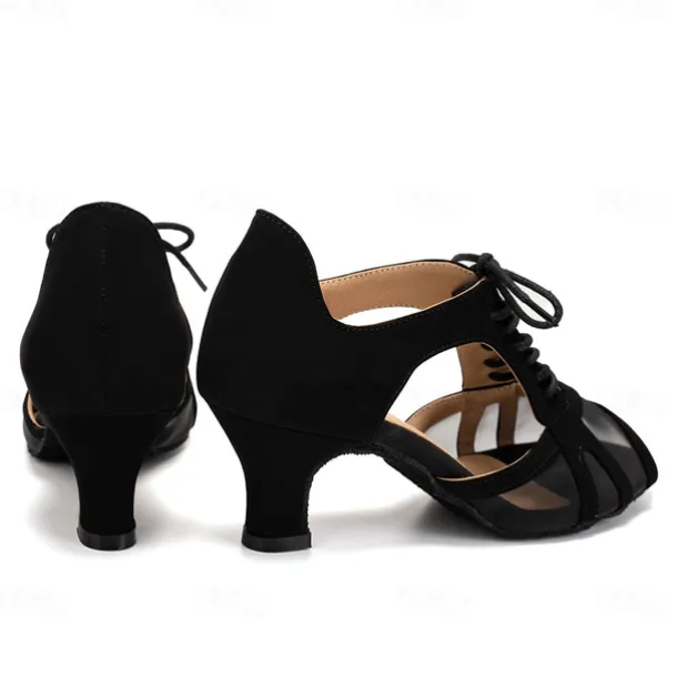 Women's Black Lace-Up Mesh Dance Shoes with Low Heel and Suede Sole – Stylish Open-Toe Design for Ballroom, Latin, and Party Performances