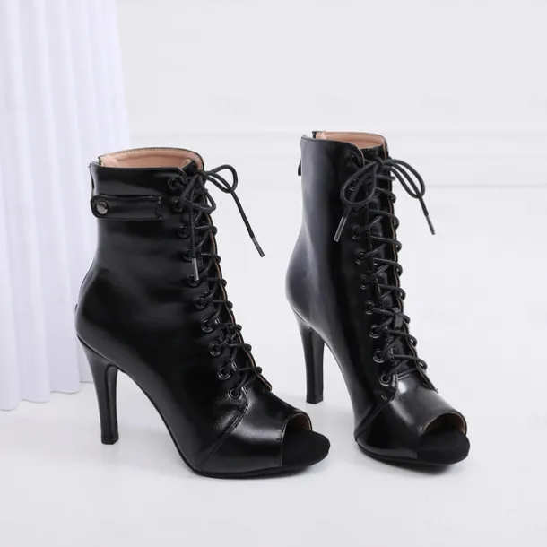 Women's Black Lace-Up Peep-Toe Dance Boots with Stiletto Heel, Stylish High Heels for Ballroom and Latin Dance