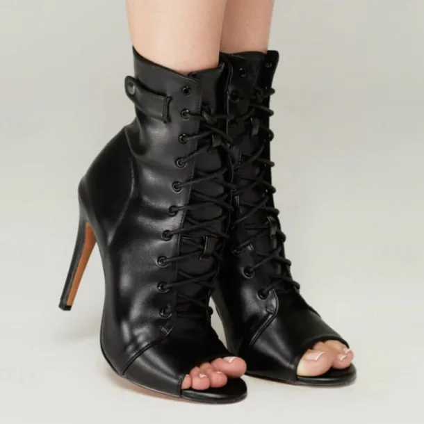 Women's Black Lace-Up Peep-Toe Dance Boots with Stiletto Heel, Stylish High Heels for Ballroom and Latin Dance