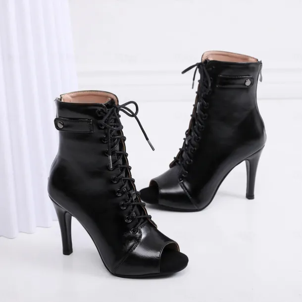 Women's Black Lace-Up Peep-Toe Dance Boots with Stiletto Heel, Stylish High Heels for Ballroom and Latin Dance