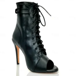 Women's Black Lace-Up Peep-Toe Dance Boots with Stiletto Heel, Stylish High Heels for Ballroom and Latin Dance