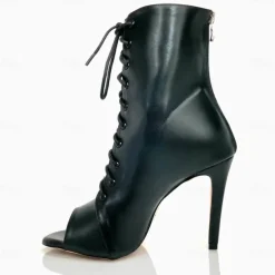 Women's Black Lace-Up Peep-Toe Dance Boots with Stiletto Heel, Stylish High Heels for Ballroom and Latin Dance