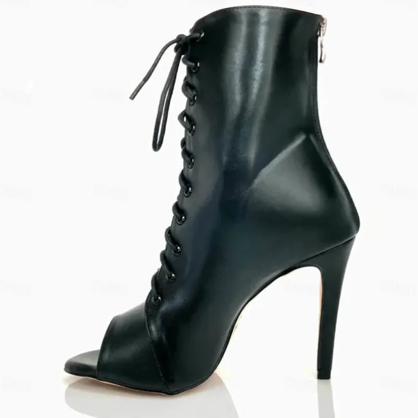 Women's Black Lace-Up Peep-Toe Dance Boots with Stiletto Heel, Stylish High Heels for Ballroom and Latin Dance