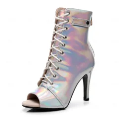 Women's Black Lace-Up Peep-Toe Dance Boots with Stiletto Heel, Stylish High Heels for Ballroom and Latin Dance