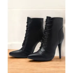 Women's Black Lace-Up Stiletto Ankle Boots with Brogue Detailing - Gothic Witch Shoes for Halloween and Cosplay